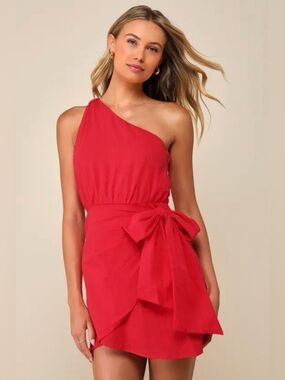 LULUS Forever Summer Red One Shoulder Faux Wrap Cotton Mini Dress XL Resort
